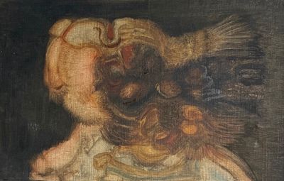 un tableau représentant une femme avec un oiseau sur la tête