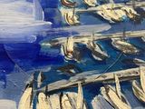painting of boats in a harbor with a red sun in the background