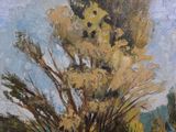 an oil painting of a tree in the middle of a field