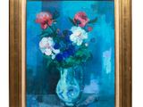 une peinture de fleurs dans un vase sur une table