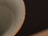 a close up view of a white bowl with a brown rim