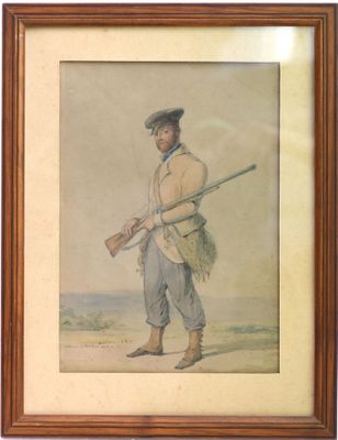 tableau représentant un homme coiffé d'un chapeau et tenant un fusil