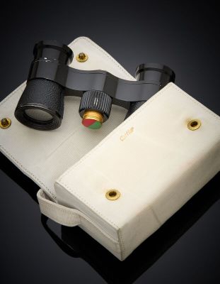 a pair of binoculars that are sitting on top of a bag