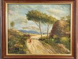 an oil painting of a dirt road with trees and a person walking down it