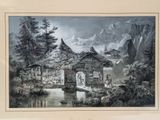 a picture of a painting of a cabin in the woods