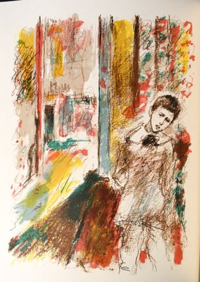 dessin représentant une femme assise sur une chaise devant une fenêtre