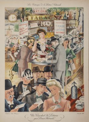 painting of a group of people sitting at a table in a restaurant