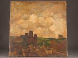 an image of a painting of a city with a sky background