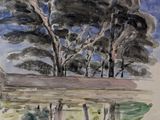 an image of a watercolor painting of trees in a field