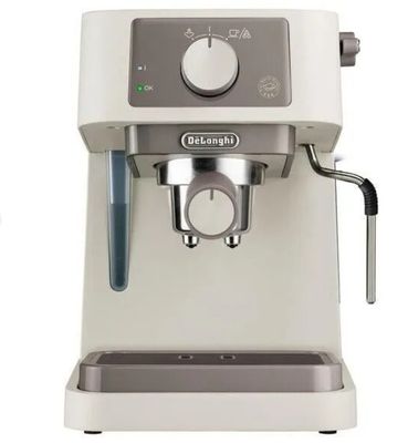 the coffee machine is white and has a black handle