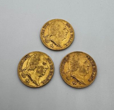 Moderne lot de trois 20 Francs Or Louis XVIII buste nu 1818 1821 et 18 - Photo 1