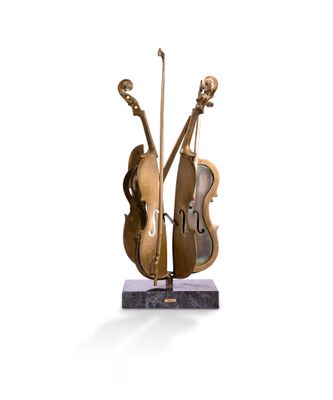 a bronze sculpture of a violin and a cello on a marble base