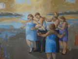 une peinture représentant un groupe de personnes sur la plage