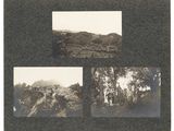two black and white photos of a mountain with a group of people
