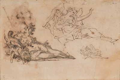 l'image d'un dessin représentant un homme sur un cheval et une femme sur un cheval