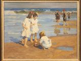 painting of children playing on the beach by a body of water