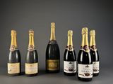 a group of six bottles of champagne sitting next to each other