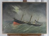 peinture sur chevalet représentant un navire en pleine mer, avec le ciel en arrière-plan
