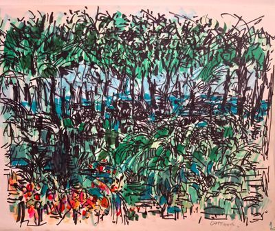 painting of a painting of trees and bushes with a sky in the background