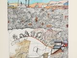 une image représentant un dessin de paysage avec un train qui arrive sur les rails