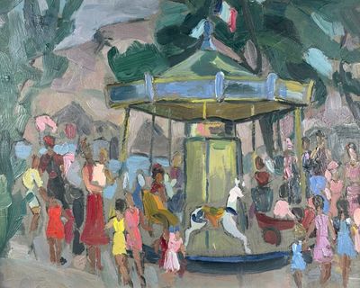a painting of a carousel with people on it