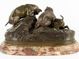 bronze sculpture of a bull and a dog on a marble base