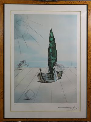 tableau représentant un homme assis dans un bateau, avec un arbre en arrière-plan