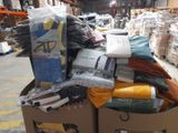 a cardboard box full of items in a warehouse