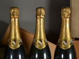 three bottles of champagne sitting on a shelf next to a book