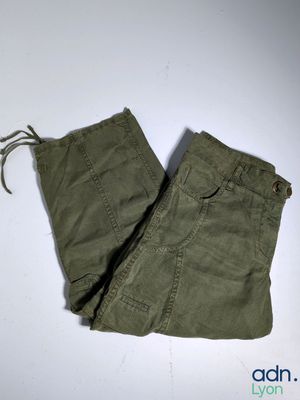 an image of a pair of olive green pants on a white surface