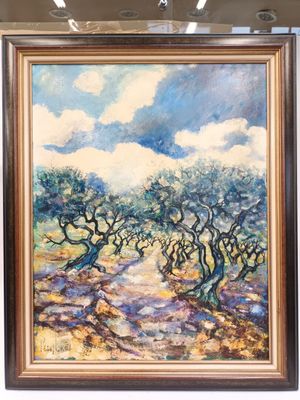 an oil painting of olive trees on display in a glass case