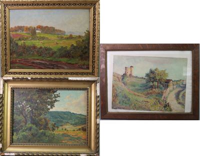 trois tableaux encadrés représentant un paysage avec des arbres et une route