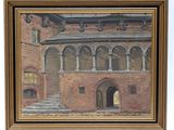 an oil painting of a building with arches and steps in front of it