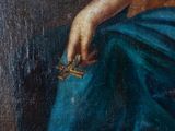 an oil painting of a woman in a blue dress holding a sword