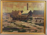 une peinture sur le mur d'un immeuble, avec un bateau au premier plan