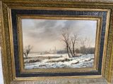 an oil painting of a snowy landscape with trees in the foreground