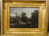 an image of a painting of cows in a field with trees in the background