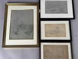 three framed drawings of a man and a woman on a beach