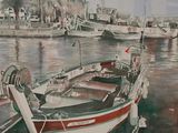 a painting of a red and white boat in the water