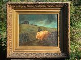 a picture of a painting of a cow in a field