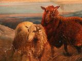 painting of three sheep standing in a field with a sky in the background