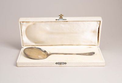 une cuillère en argent et une cuillère dans une boîte blanche