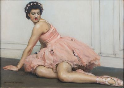 tableau représentant une femme en robe rose assise par terre