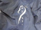 a blue bag with a horse on it sitting on a table