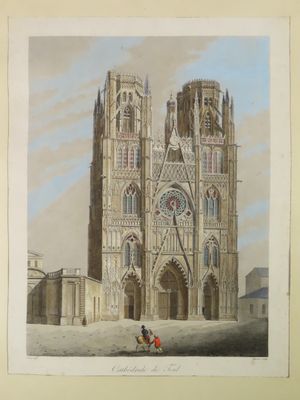painting of a cathedral with a horse and carriage in front of it