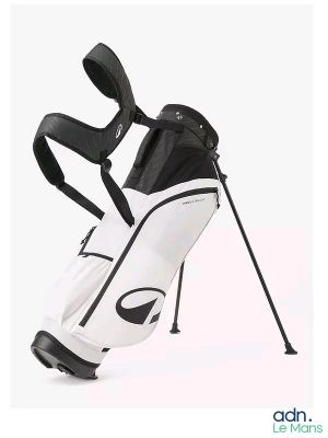 the back of a white and black golf bag on a white background