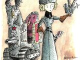 dessin représentant une femme tenant un oiseau devant un robot et un oiseau