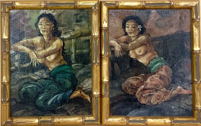 deux tableaux représentant une femme et un homme assis sur un canapé