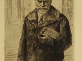 drawing of a man in a coat and tie holding a book