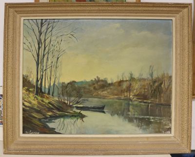 a painting of a boat on the water in a room